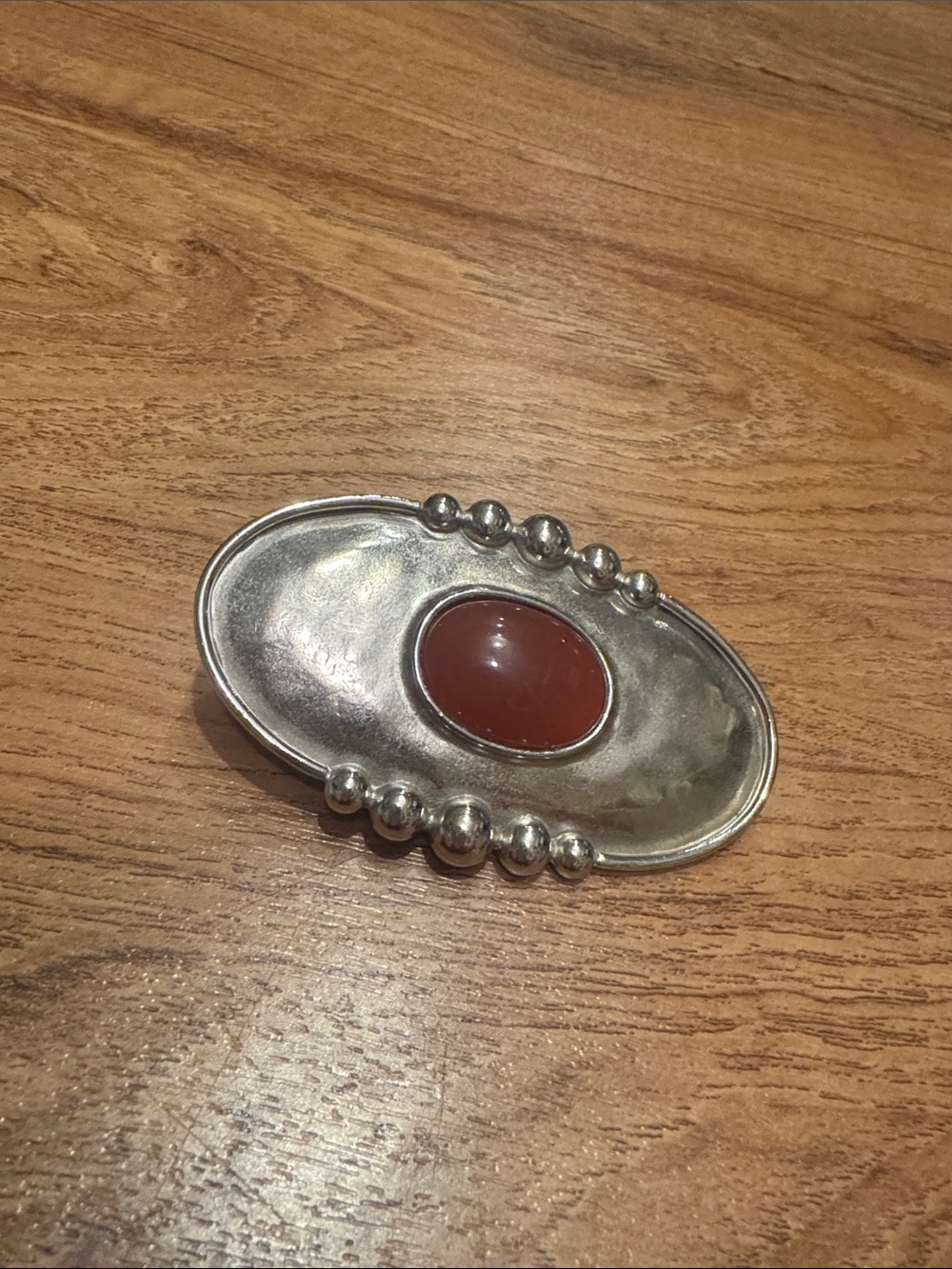 Vintage Carol Dauplaise Signed Silver Tone Brooch Pin w/ Large Oval Stone